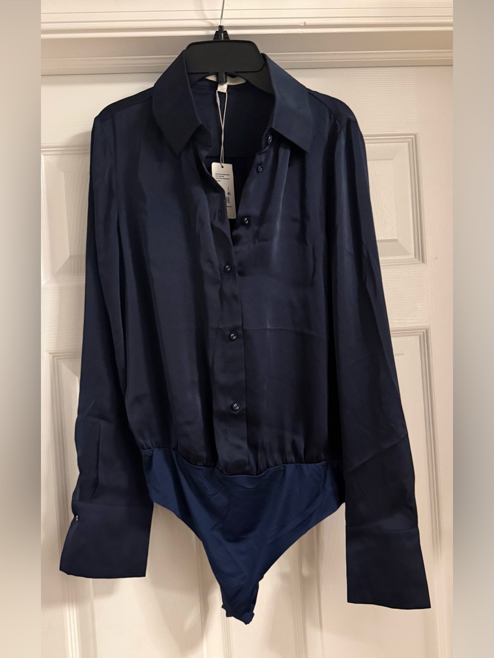 Favorite Daughter Navy Satin Bodysuit Small